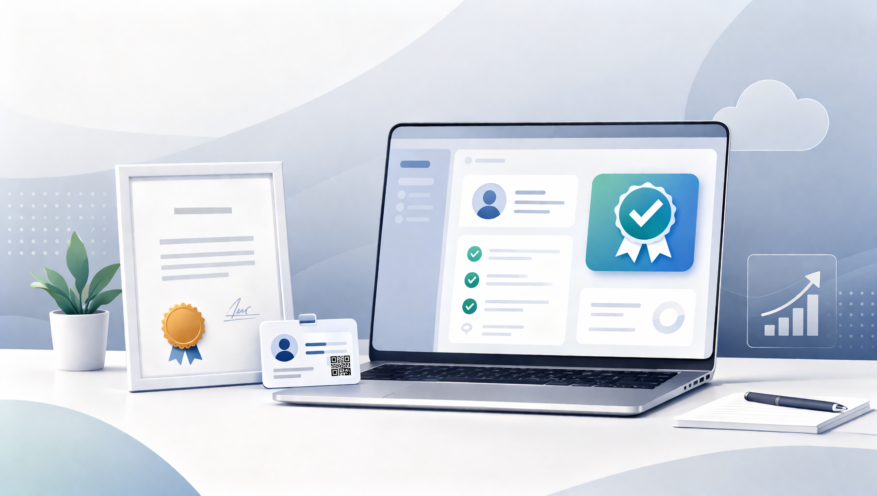 Certification platform with computer and badge.
